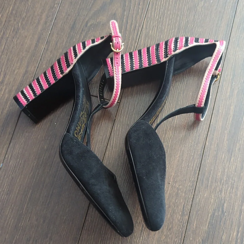 Salvatore Ferragamo Black/Pink Suede And Leather Fergie T-Strap Pumps - Picture 8 of 13